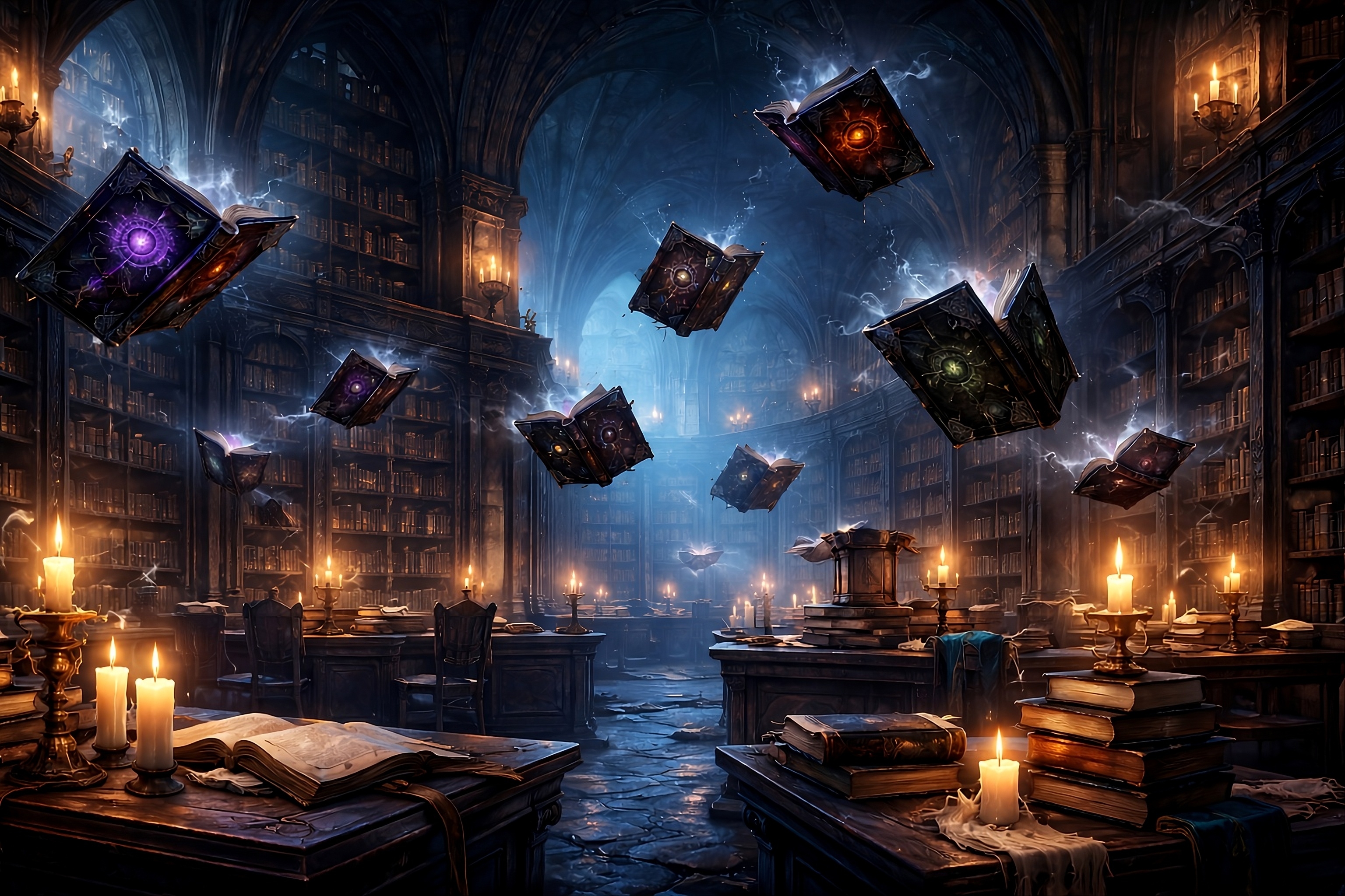 a magical library with flying books